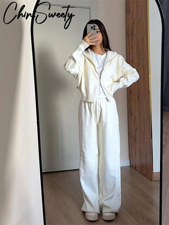 Casual Knitted Jacket Pants Set Solid Stand Collar Zippers Coat Wide Leg Pleated Trousers 2024 Autumn Lady Street Outfit 241203