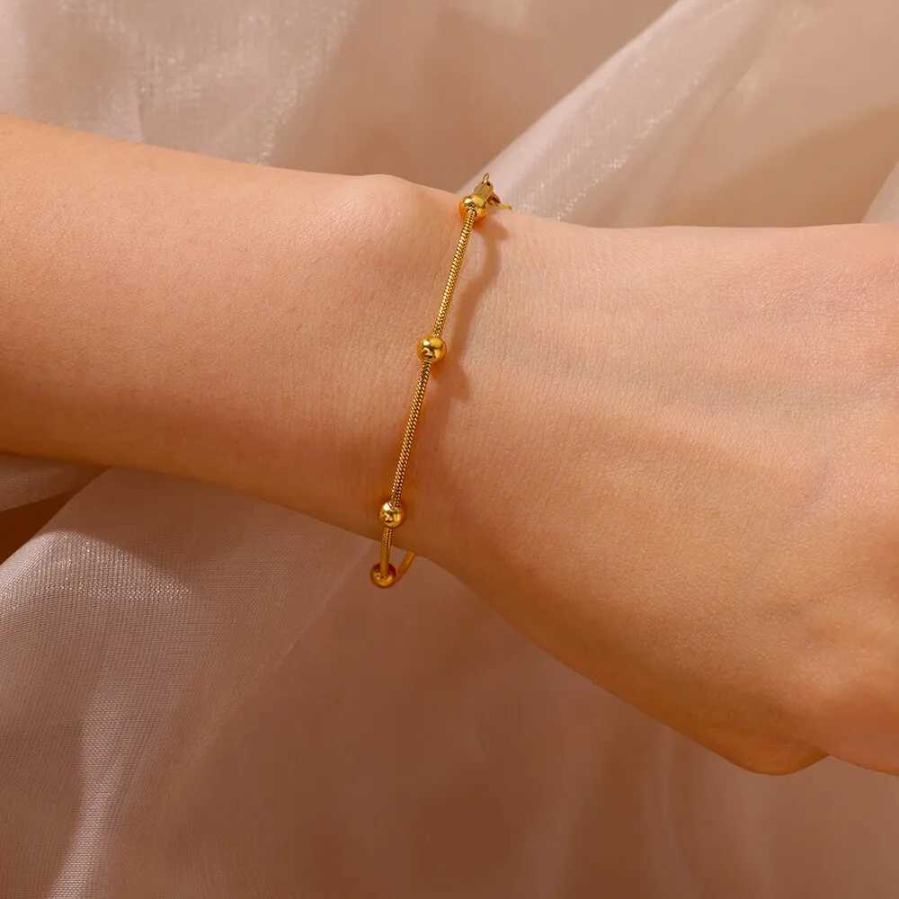 Stainl Steel Beaded Round Snake Chain Bracelets For Women Gold Color Geometric Bracelet Luxury Wedding Party Jewelry GiftXJ241214