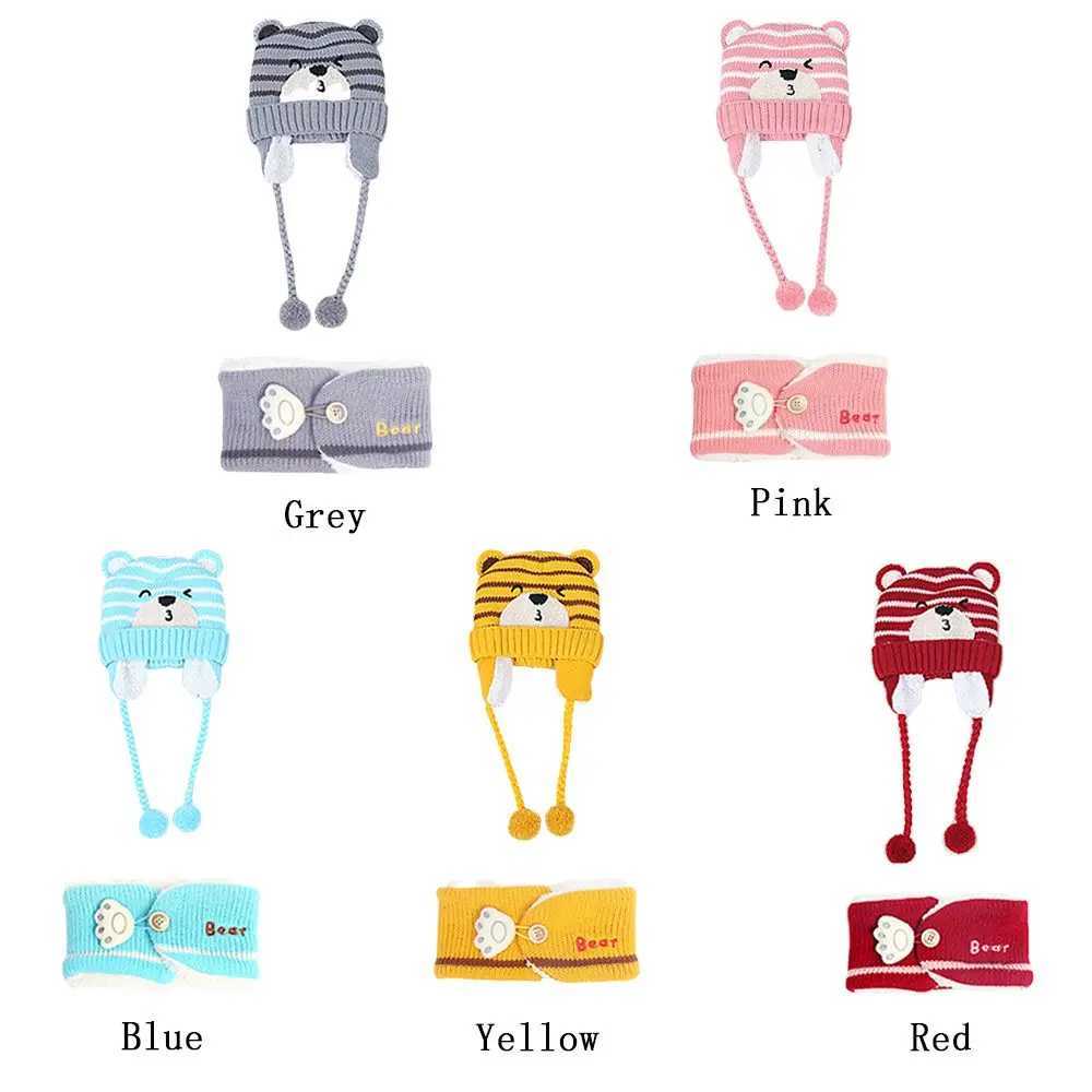 Warm Preschool Baby Winter Boys and Girls Neck Scarf Baby Bean Hat Childrens Hat Scarf Set Bear Earmuffs W241213