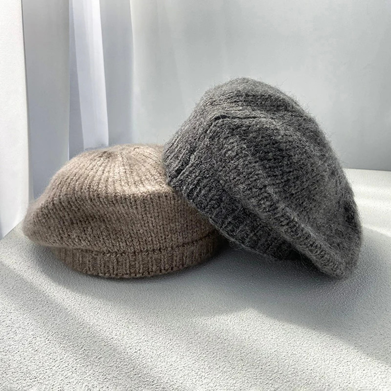 Solid Color Women Beret Hat Vintage Woolen Knitted Warm Beret Girl Ladies Autumn Winter Artist Painter Cap 241214