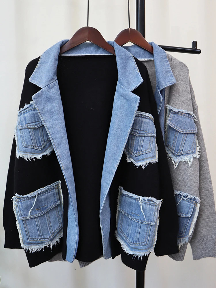 GVUW niche n denim jacket womens lapel splicing knitted open seam full set 2024 clothing 17G8260 241211
