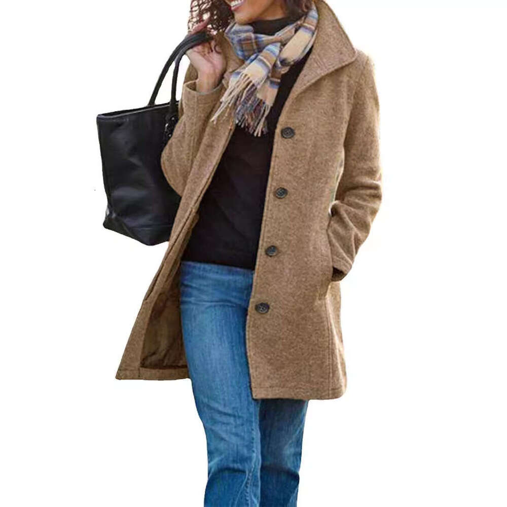 Autumn Winter New European And American Clothing Retro Medium Long Solid Color Woolen Coat Coat, Women's Fashionable Quality Classic
