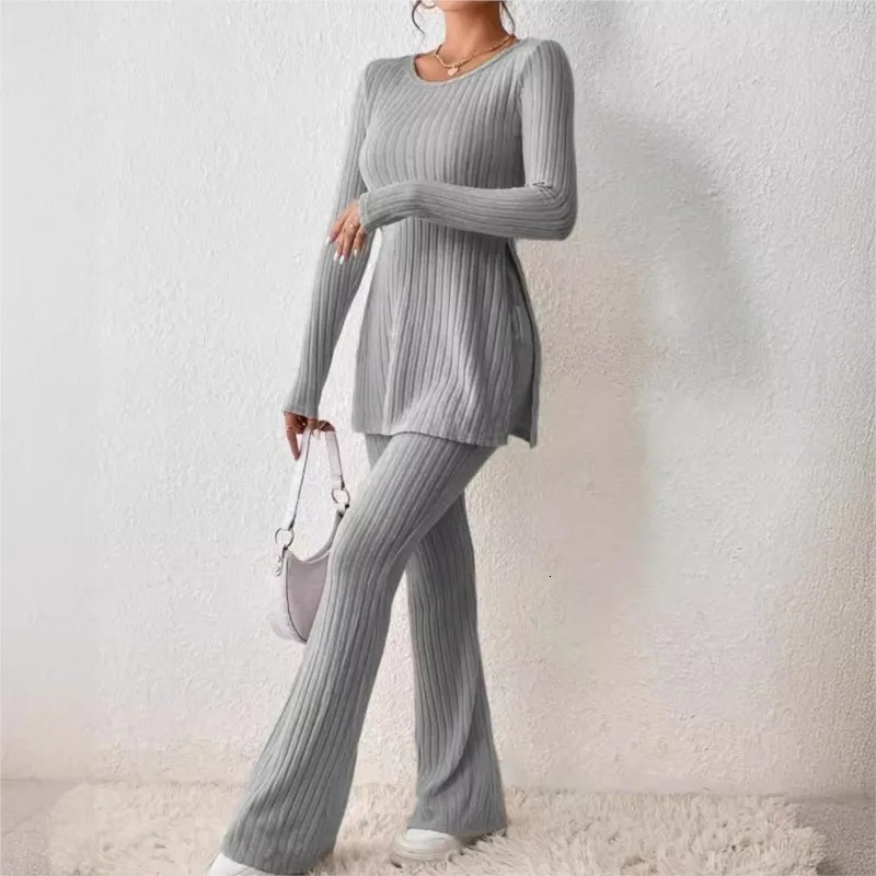 Autumn Winter Womens Clothing Style Solid Color Sexy Casual Long Sleeved Round Neck Slit Fashion Temperament Twopiece Set 241203