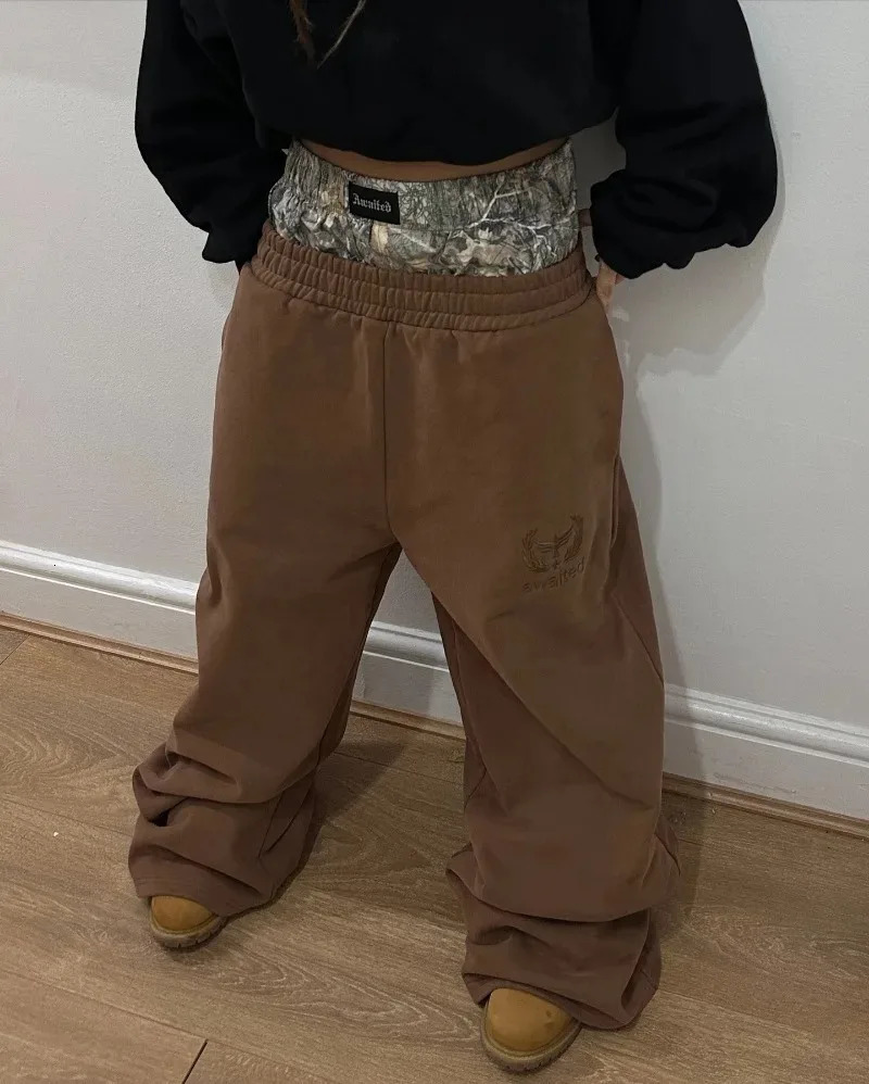 Y2K pants vintage camouflage double Embroidered waist Sweatpants Harajuku gothic Hip Hop Streetwear High waisted Wide Leg Pants 241214