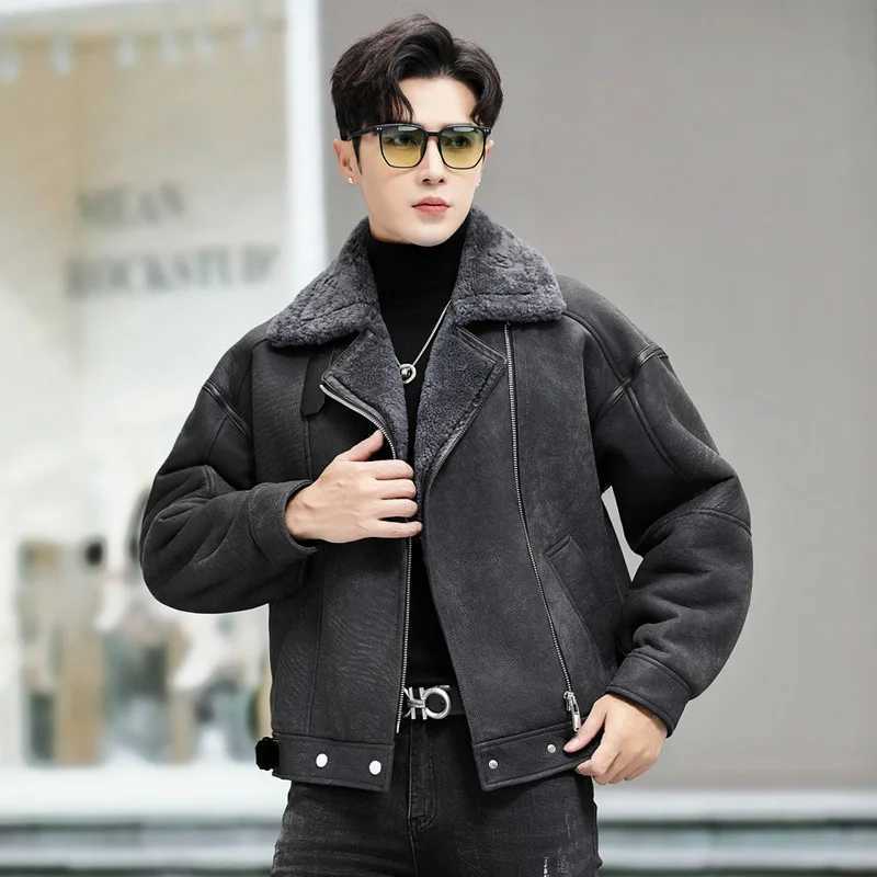 Tcyeek natural sheepskin coat mens motorcycle jacket winter wool real fur coat mens retro leather jacket loose W241213