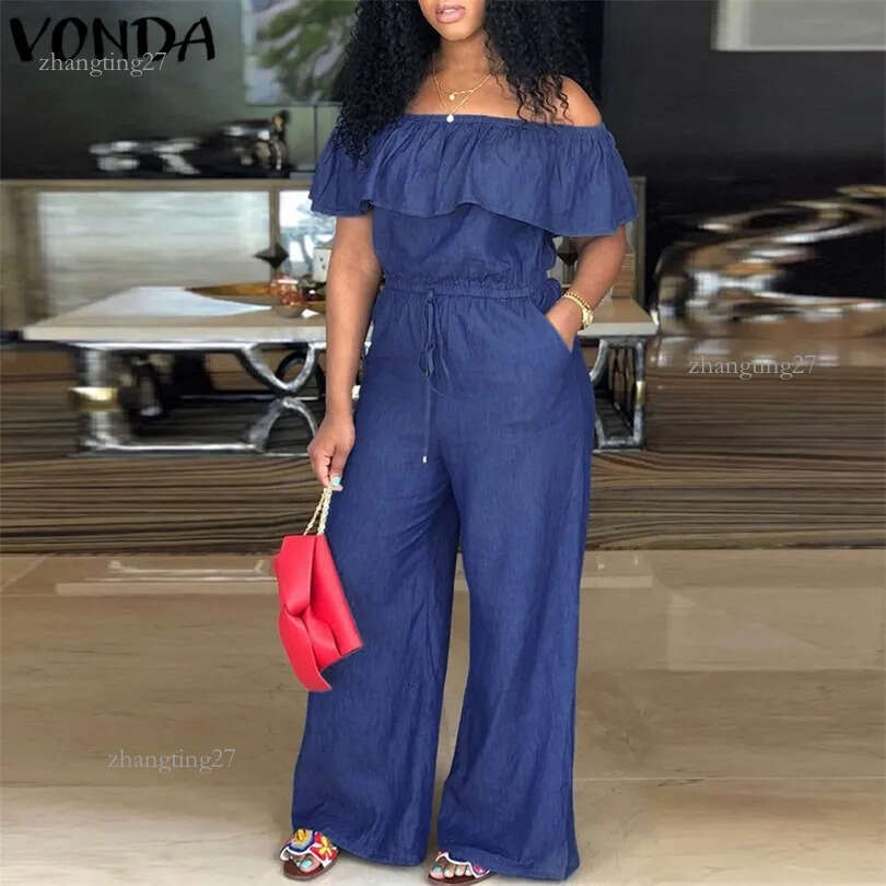 Denim Rompers Womens Jumpsuit 2019 VONDA Summer Sexy Slash Neck Off Shoulder Ruffles Playsuits Overalls Plus Size Wide Leg Pants T200107