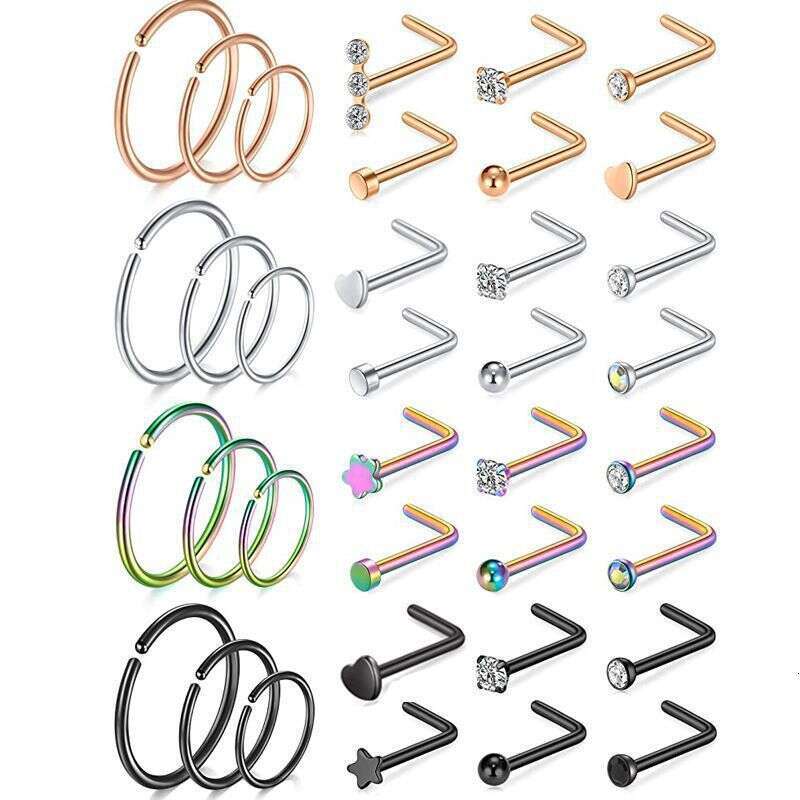 LALAVARA Fashion Nose Studs Nose Rings 12-Piece 30-Piece 24-Piece Set Stainless Steel Ear Studs Piercing Jewelry Nose Accessories
