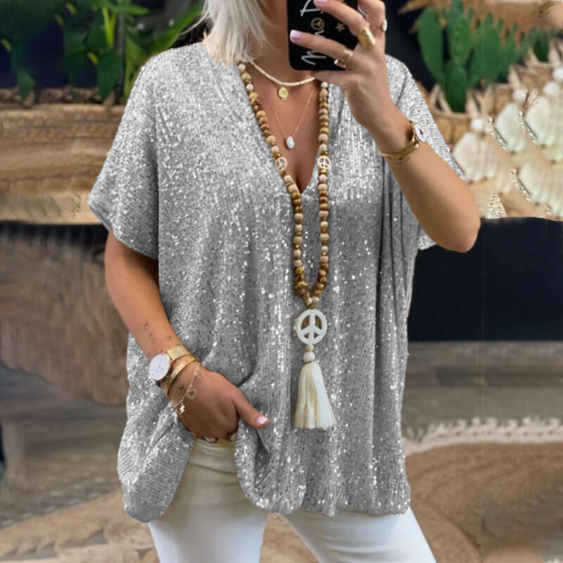 New European And American Short Sleeved Urban Casual Color Loose Fitting Pullover Sequin V-Neck T-Shirt Top For Women