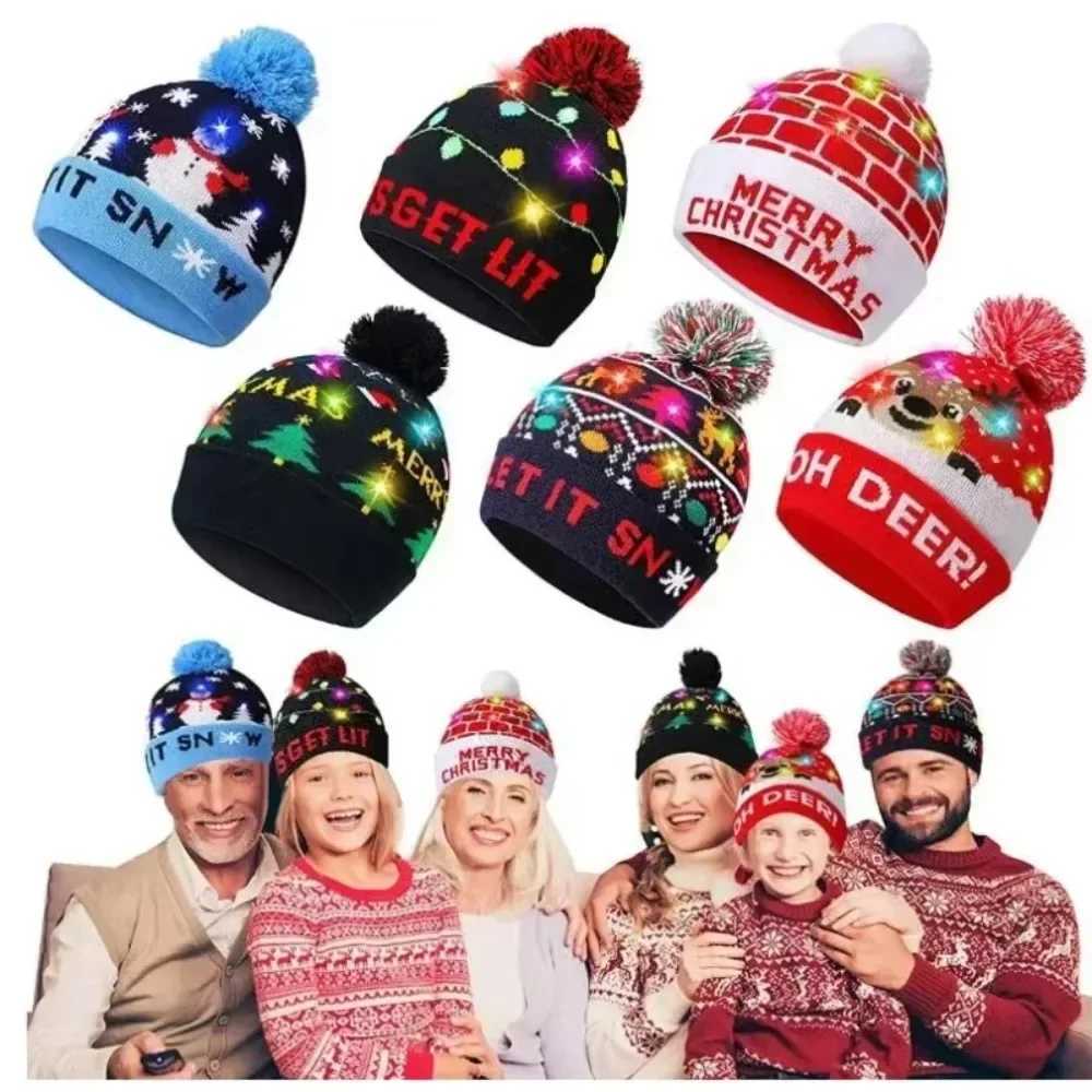 LED Christmas Hat X-mas Flash Light Up Knitted Hat Warm Winter Cap Christmas Gift for Kids/Adults Xmas New Year Feative Hats W241213
