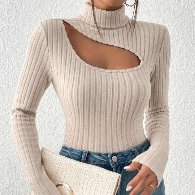 2023 Autumn New European and American Front Chest Hollow Bottom Shirt Women, High Collar Long Sleeve Slimming T-shirt for Women