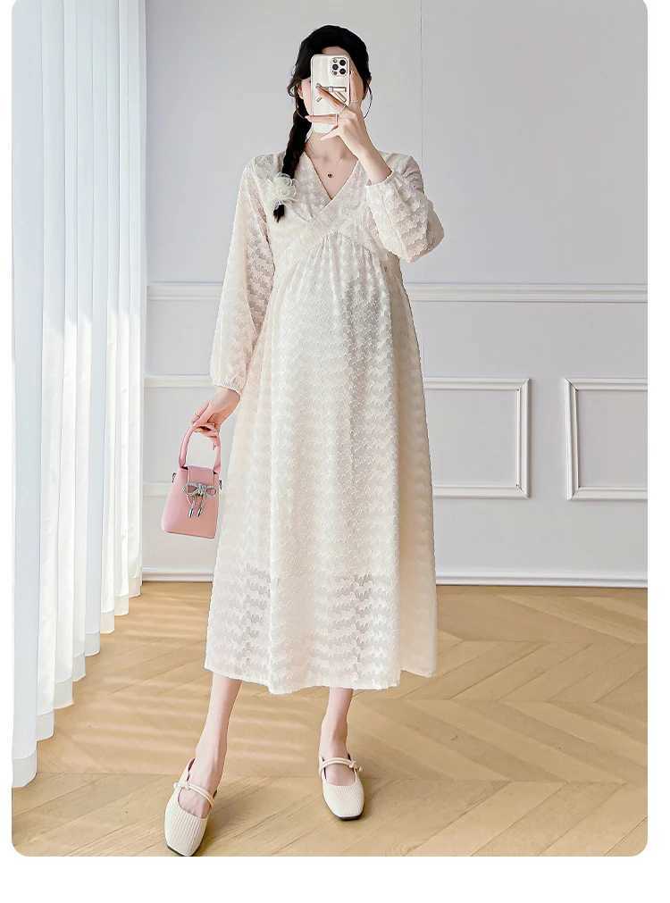 Materni Chiffon Dress Long Lantern Sleeve O-Neck High Waist Pregnancy Elegant Dress Solid Color Pregnant Woman Tassel DressesXJ241213