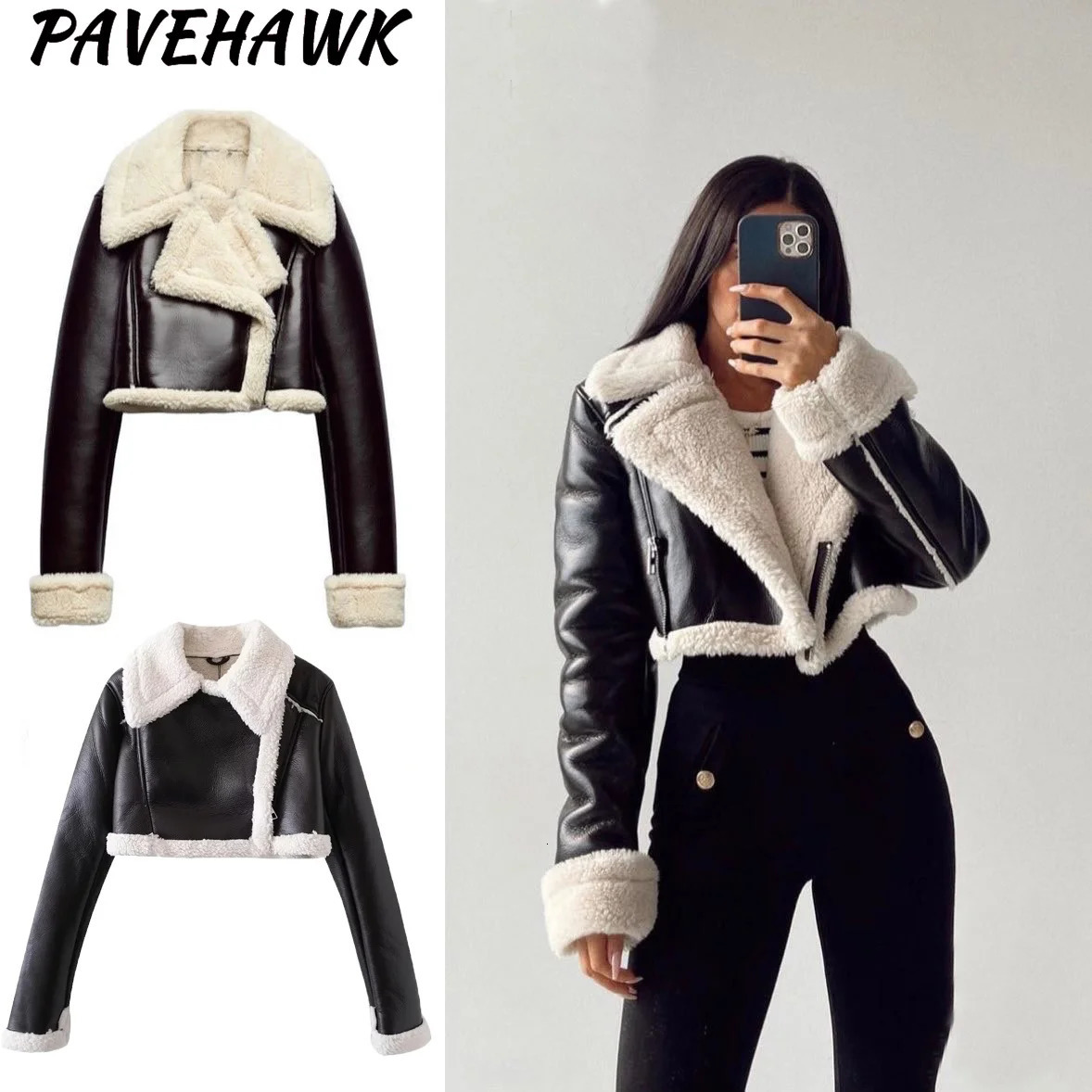 Womens cut PU leather jacket autumn and winter wool front zipper bomber tweed jacket solid long sleeved womens warm fur coat 241210