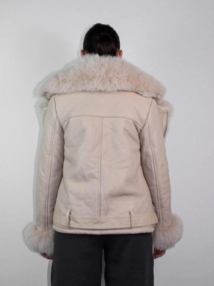 RR2830 Womens Retro Double sided Fur Lined Jacket Faux Fox Fur Collar Fluffy Warm Winter Coat Waist Leather Jacket 241210