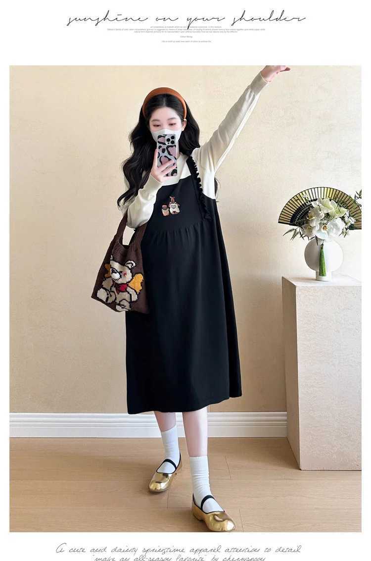 2024 Autumn Materni Knitte Dress Fashion Long Sleeve Pregnant Woman Embroidery Dress Sweet Lady Dresses Faux Two Pieces DressXJ241213