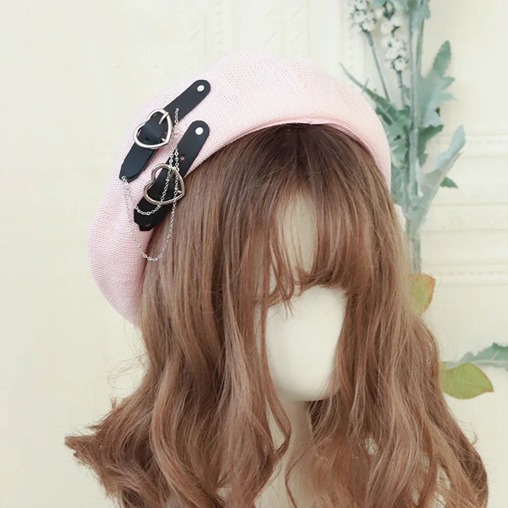 Japanese Beret Harajuku Y2 Fashion Lolita Hat JK Girls Cute PU Chain Heart Love Wool Kawaii Womens Accessories 241210