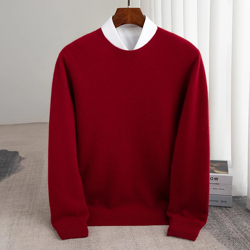 Autumn And Winter 100% Pure Wool Mens Thick Round Neck SlimFit Oneck Pullover LongSleeved Knitted Cashmere Sweater 241213