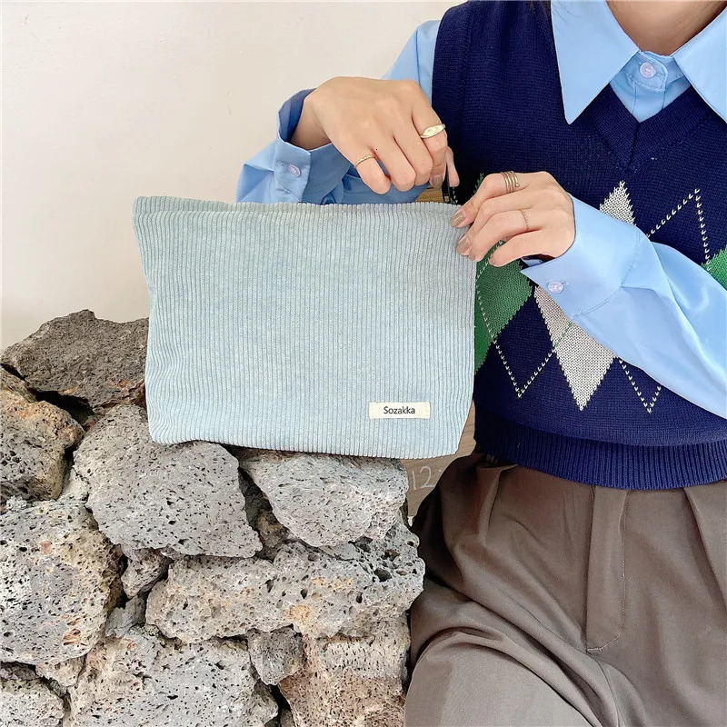 Corduroy Women Cosmetic Bag Cotton Cloth Makeup Pouch Hand Travel Bag Lipstick Organizer Cases Fashion Zipper Clutch Phone Purse 241212