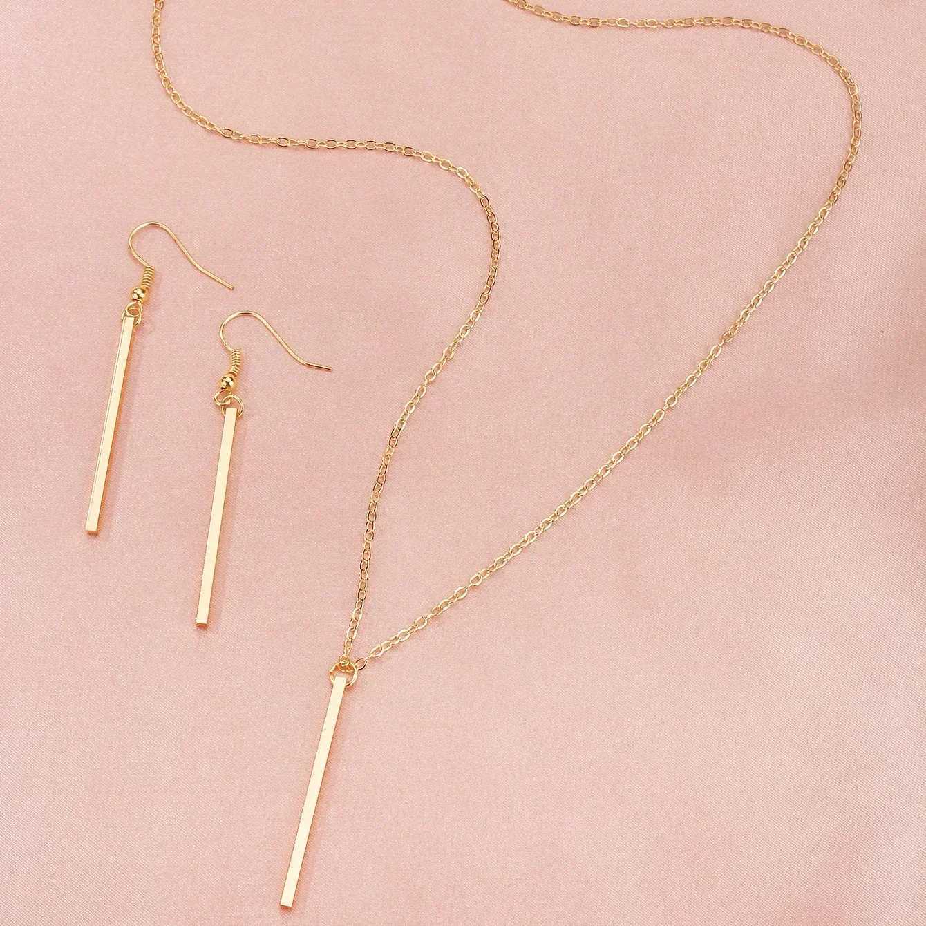 Elegant Gold Stick Jewelry Sets for Women Pendant Necklace Drop Earring Simlpe Adjustable Geometry Wedding JewelryXJ241214