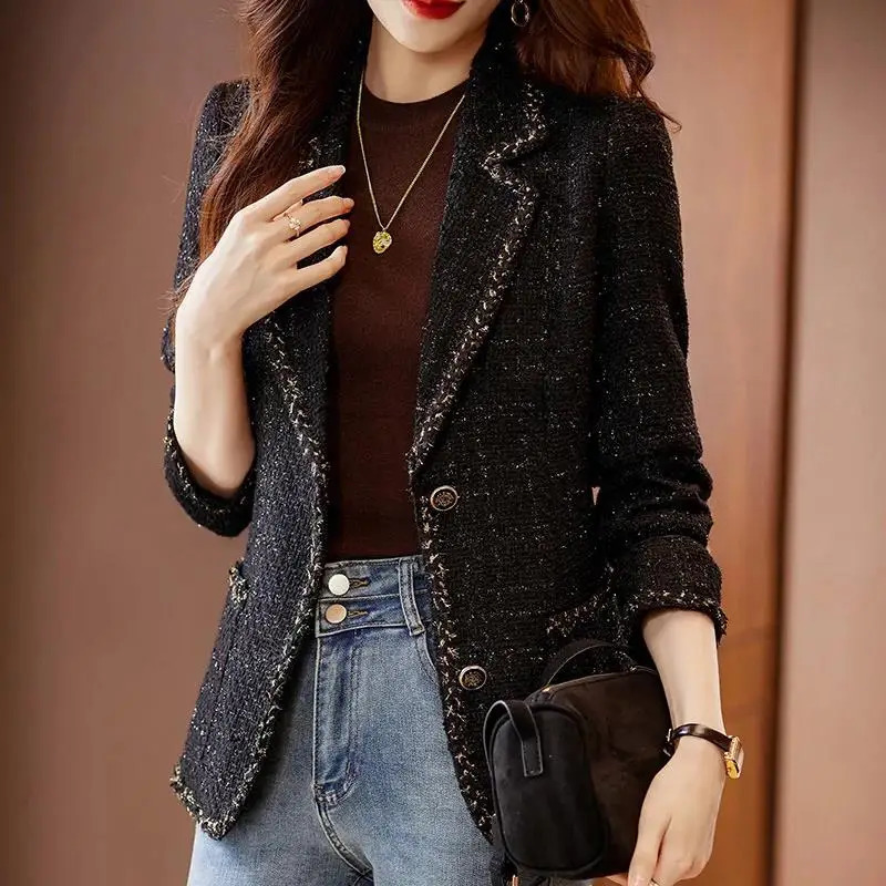 Autumn Winter Ladies Casual Blazer Women Black Green Beige Plaid Jacket Female Long Sleeve Single Breasted Slim Coat 241209