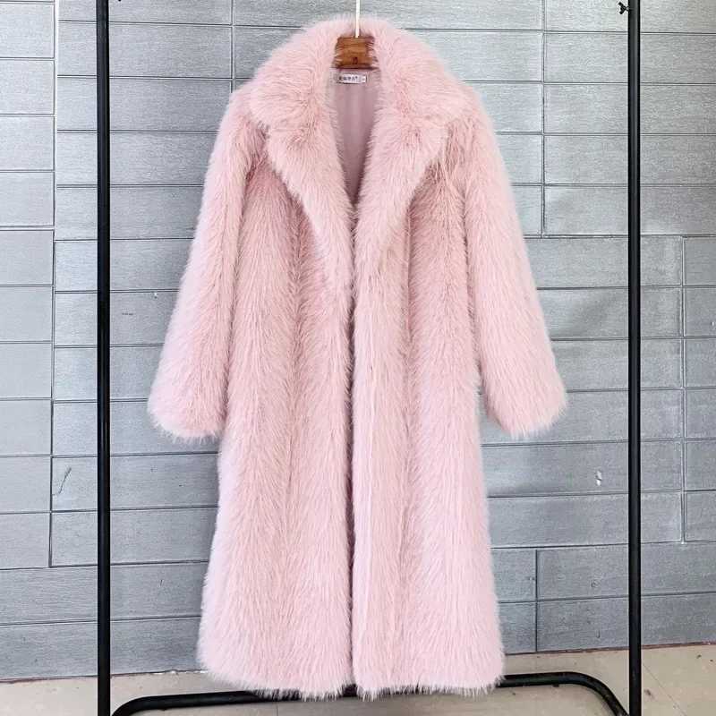 White long faux fur coat womens autumn and winter large jacket collar pocket thick jacket warm jacket W241213