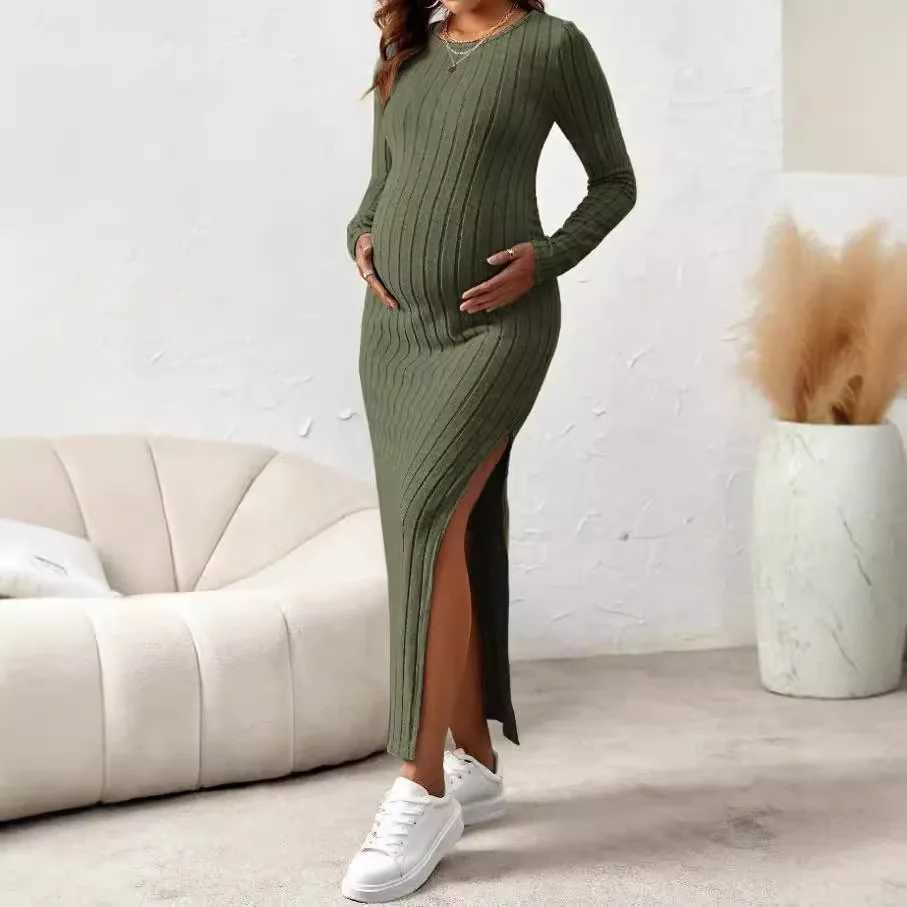 Womens Dresses Pregnancy Dresses Materni Clothes Long Sleeve Materni Dress Photoshoot Large Slit Rib Knit Clothing WomenXJ241213