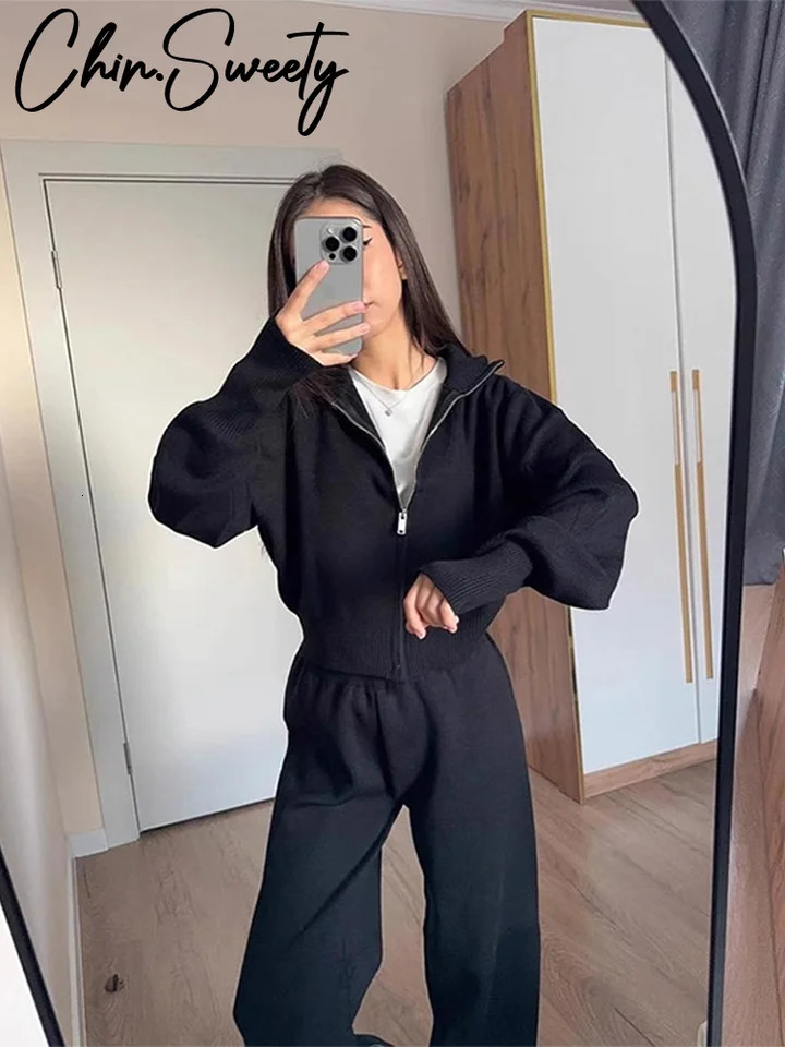 Casual Knitted Jacket Pants Set Solid Stand Collar Zippers Coat Wide Leg Pleated Trousers 2024 Autumn Lady Street Outfit 241203