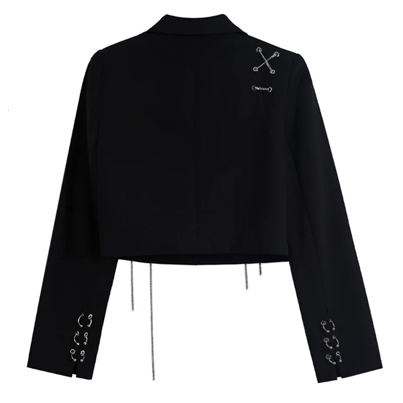 Women Punk Gothic Cropped Blazer with Metal Chain Harajuku n Streetwear Chic Patchwork Suit Office Lady Commute Short Coat 241209