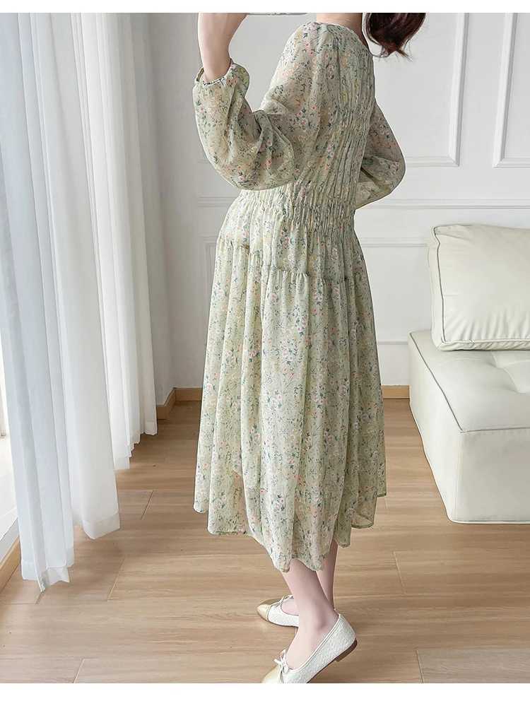 2024 Spring Materni Chiffon Dress Long Lantern Sleeve O-neck Fashion Printed Pregnant Woman Floral Dress Pregnancy Beach DressXJ241213