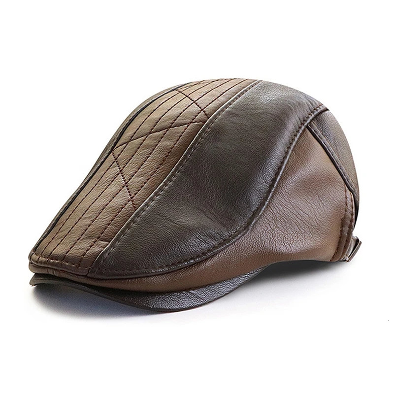 Business leather beret mens Visors hat adjustable buckle office flat top fashionable retro Beanies 241210