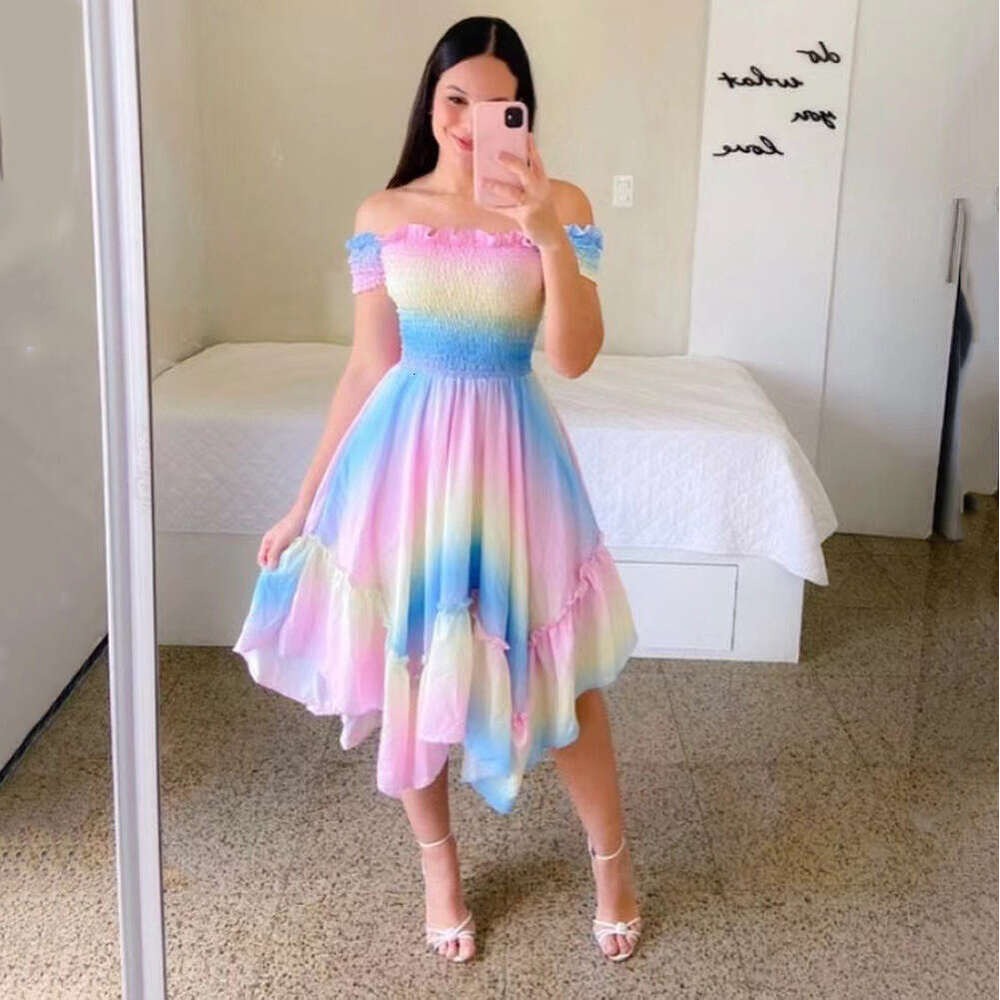 Cross Border One Collar Asymmetrical Off Shoulder Short Sleeved Digital Printed Dress From Europe And America