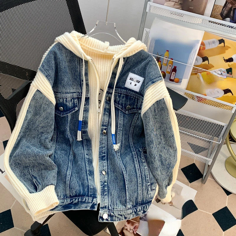 Japanese retro Y2k jacket hooded sweatshirt knitted patch work holiday twopiece zipper oversized denim autumn full matching womens clothing 241211