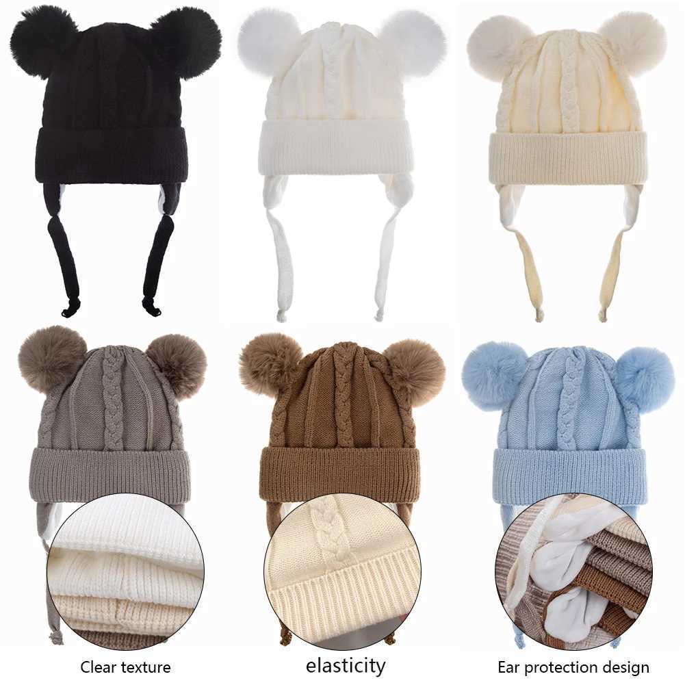 Cute bear earmuffs textured knit hats fluffy baby boys and girls thick and warm winter earmuffs cotton lining childrens headwear W241213