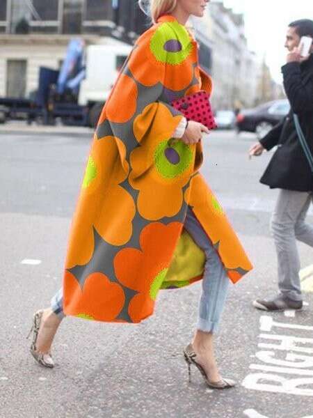 Spring And Autumn Long Horn Sleeve Printed Loose Wind Coat For Women