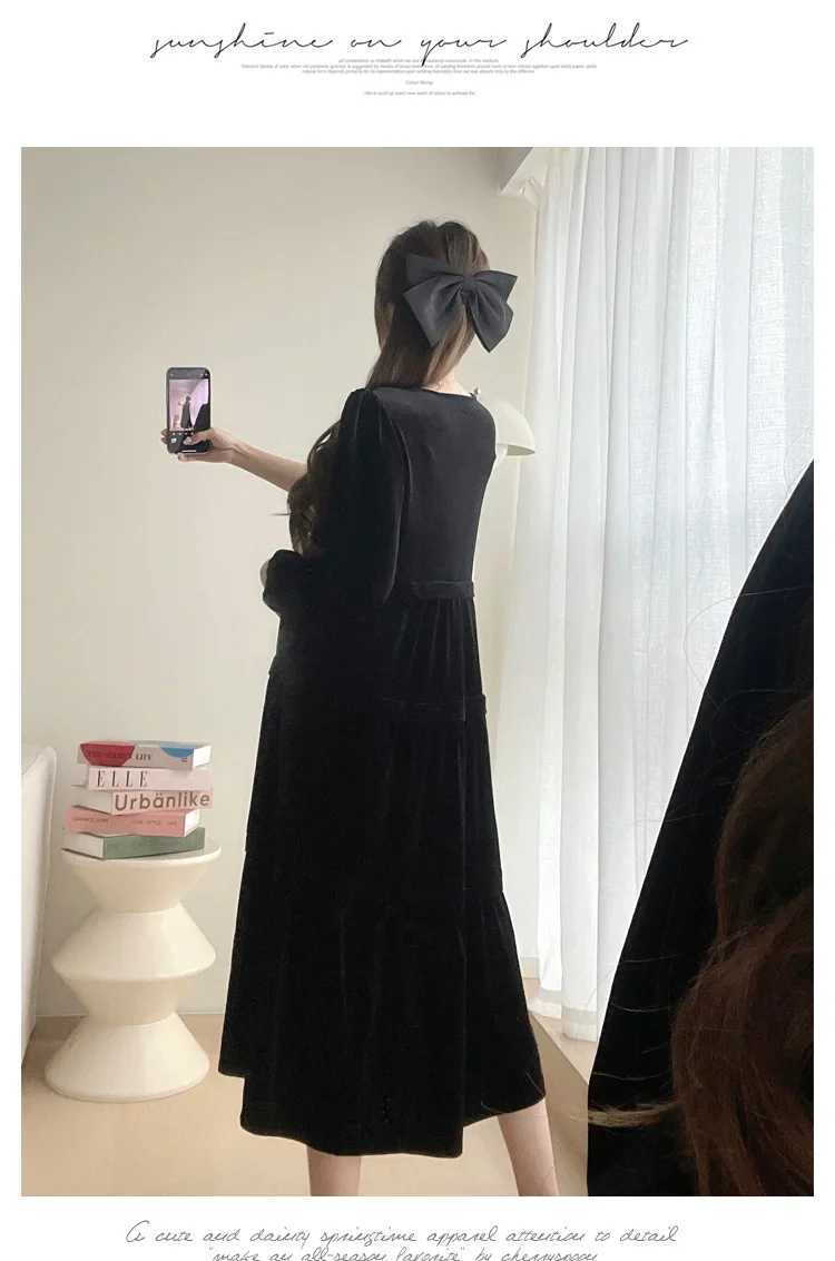 2024 Autumn Materni Velour Dress Black Office Lady Elegant Clothes Long Sleeve V-neck High Waist Pregnant Woman Brief DressesXJ241213