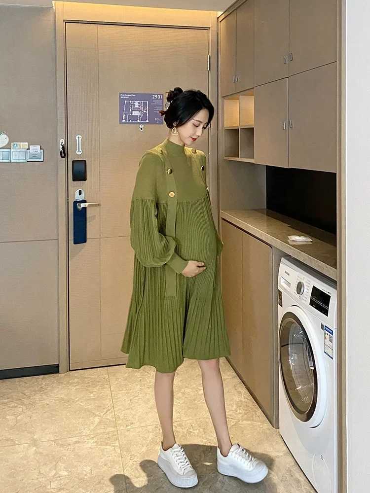 Pregnant Woman Spring Clothes Long Sleeve O-neck Knitting Patchwork Chiffon Pleated Dress Loose Pregnancy Dresses Black GreenXJ241213