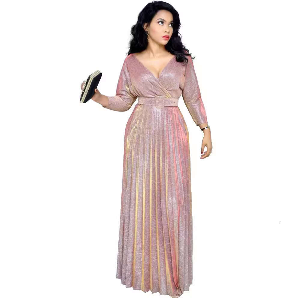 Winter European, American, African Women's Fashion Long Sleeved, Gilded, Pleated Skirt With Waist Belt And Shiny Pink Fabric