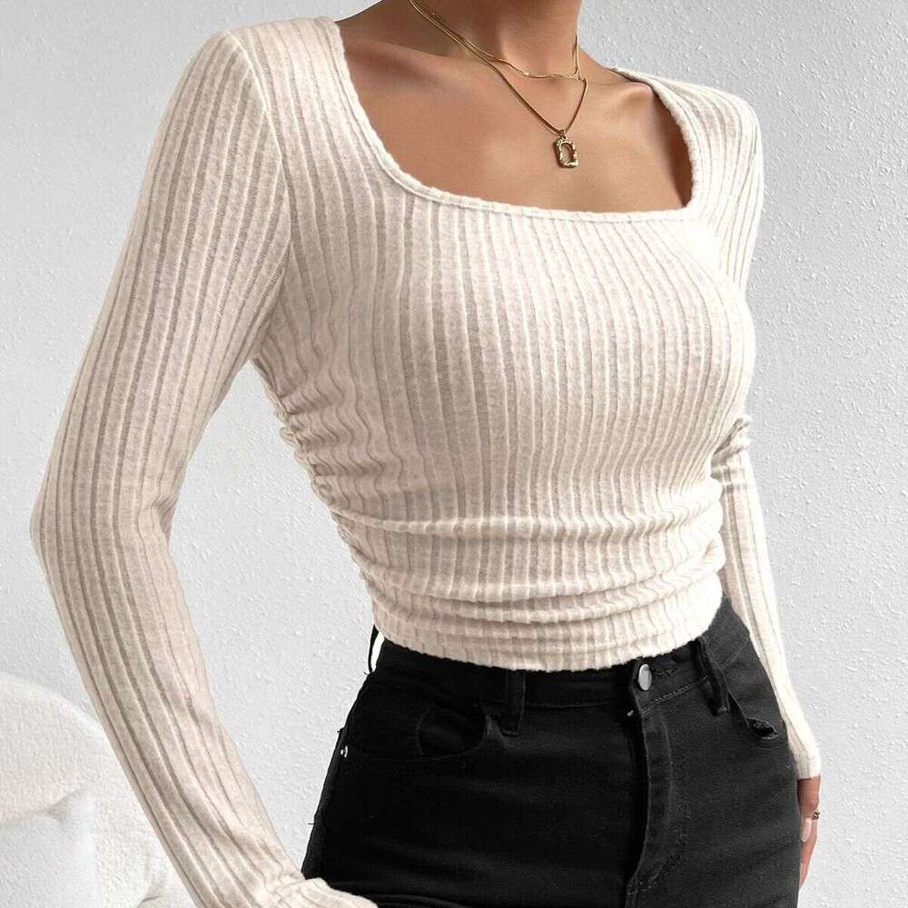 2023 European and American new slim fit pleated short long sleeved top autumn square neck fashionable t