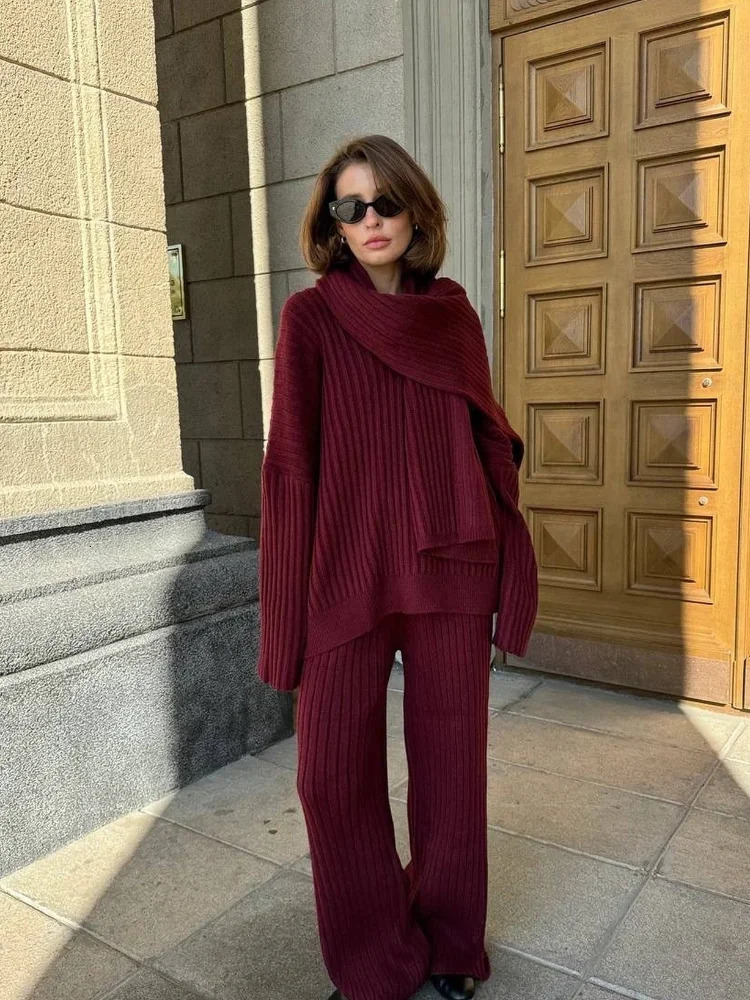 Casual Solid Knit Loose Wide Leg Pants Set Women Elegant Scarf Neck Basic Warm Sweater Suit Lady Chic Autumn Winter 2-piece Sets 241214