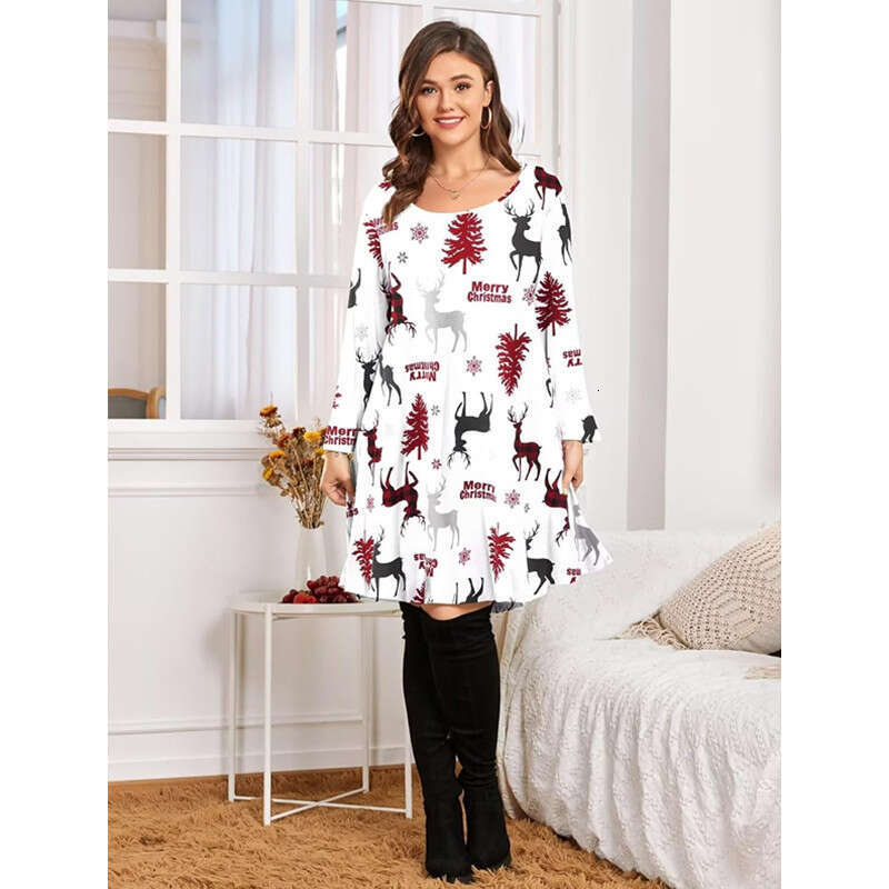 European American fashion Christmas print mid sleeve plus size women's 2024 new style chic and elegant clothing
