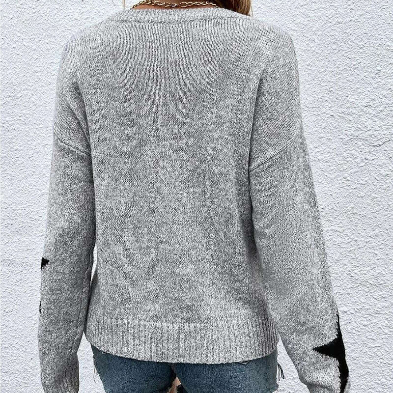 2024 European American autumn and winter women's wearing round neck long sleeved five-star jacquard pullover knitted sweater