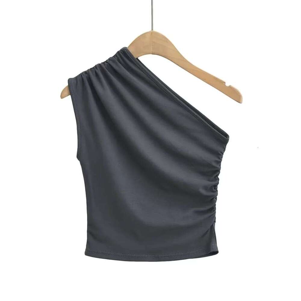 American INS Spicy Girl Slant Vest Women's Summer Stretch Slimming Solid Color Folded Off Shoulder Tank Sleeveless Top 2024 Versatile New Trendy 