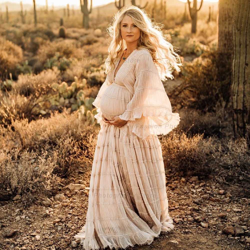 Boho Materni Dresses For Photo Shoot Sexy V-neck Pleated Chiffon Long Sleeve Ruffle Pregnancy Dress Womens Photography GownsXJ241213