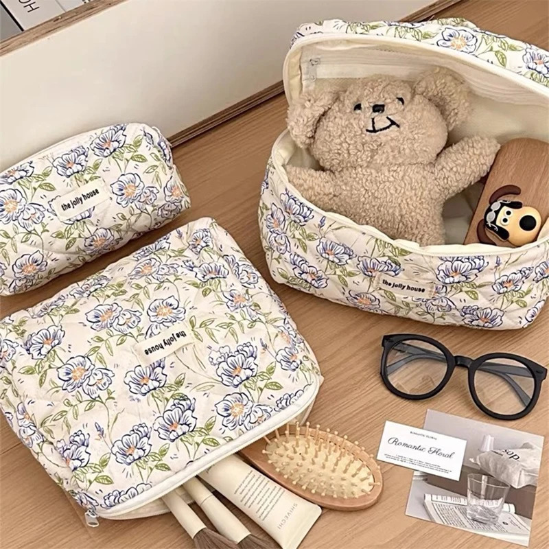 3PCS Fashion Vintage Flower Women Makeup Bag Cotton Tote Female Cosmetic Storage Handbag Large Capacity Travel Organizer 241212