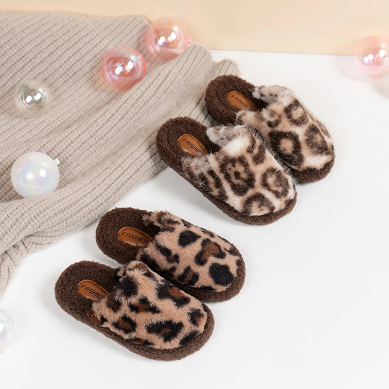 Winter Children Slippers Leopard Home Leisure Cover Toe Kids Sliders Warm Beige Apricot Slip-on Fashion Boys Girls Shoes 26-36 241213