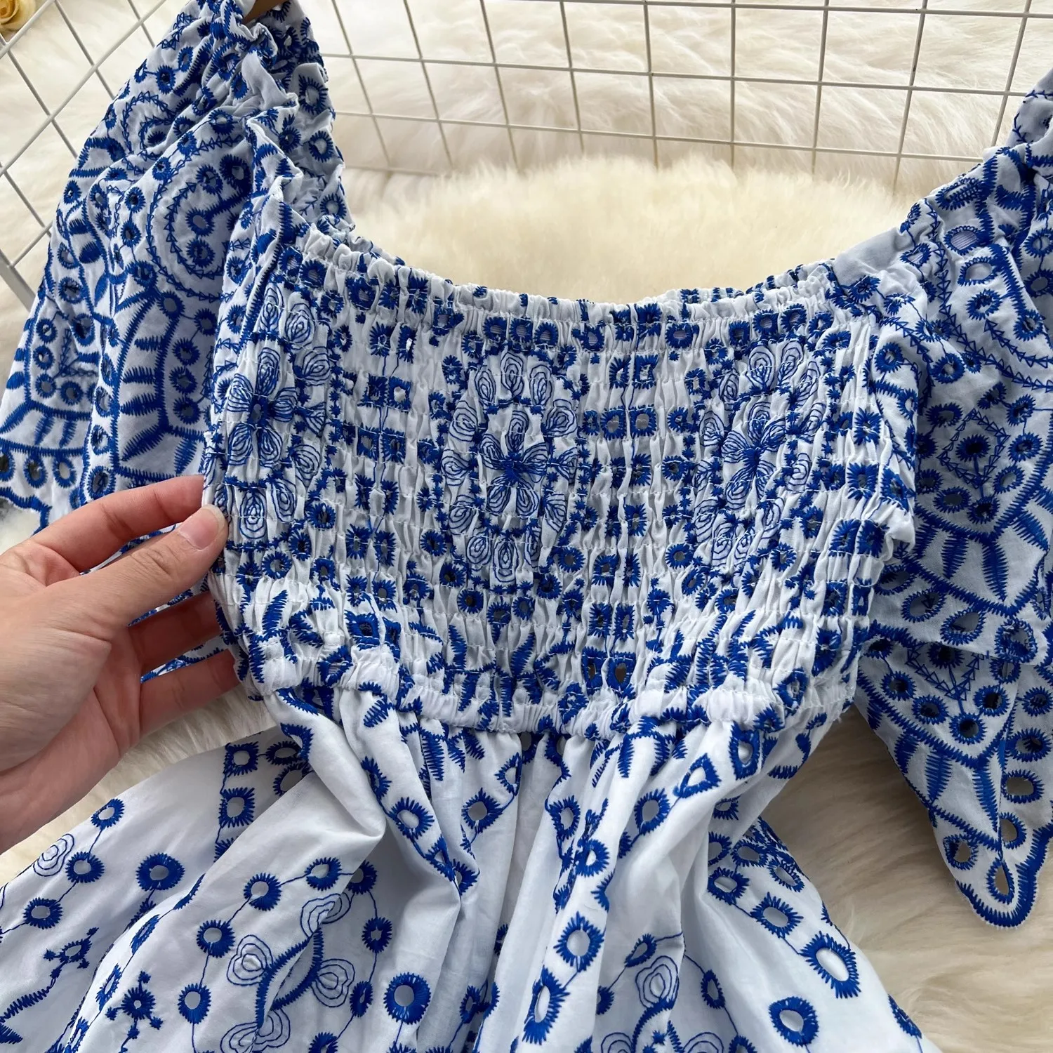 Basic Casual Dresses Summer Beach Holiday Embroidery Cotton Dress Women Butterfly Sleeve Sexy Slash Neck Blue White Porcelain Floral Backless Vestido 
