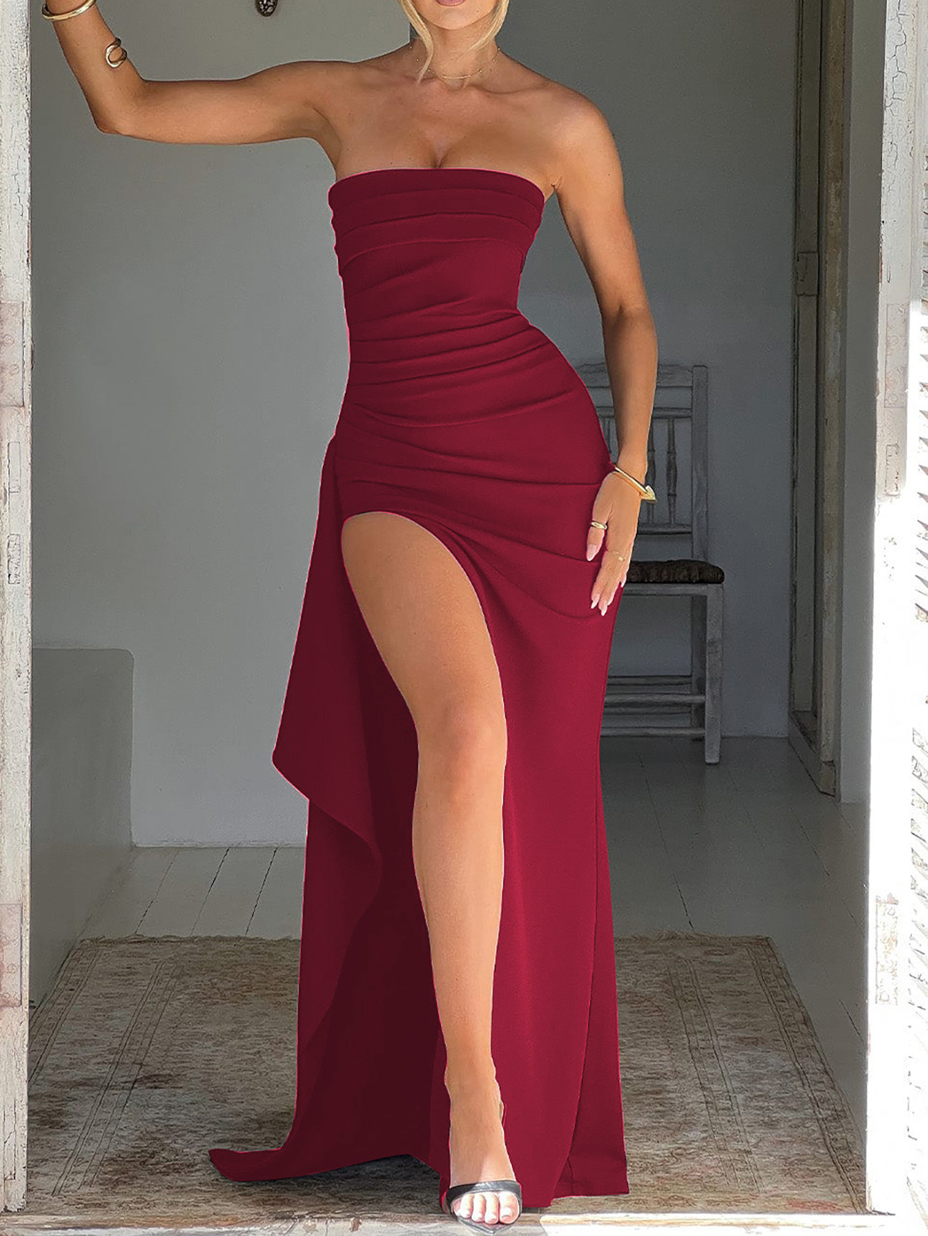 Popular Evening Dress Women's Designer Chest Wrapped Strapless Sexy Bareback Solid Color High Waist Long Dress Party Dress