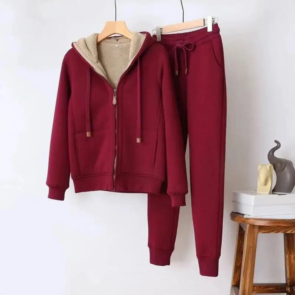 Wool Lamb Fleece Sweatshirt Pant Outfit Hoodies Jogger Pants Twopiece Set Thickened Drawstring Autumn Women Sports Suit 241203