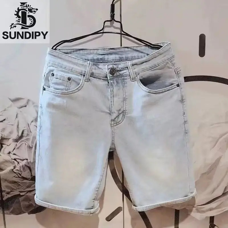 clothing washed solid blue mens loose denim shorts elastic knee length boyfriend Korean fashionable casual jeans 241211