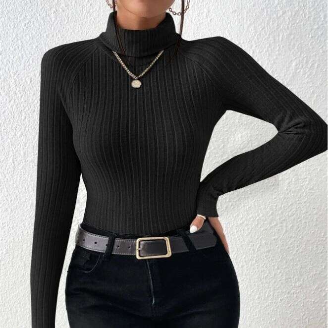 2023 European and American autumn new knitted base shirt with versatile temperament, high neck long sleeved pullover T-shirt