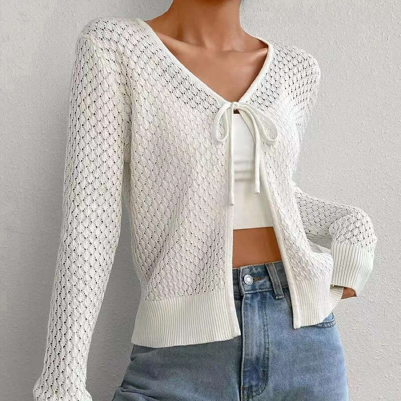 European and American 2024 women's clothing new autumn high-end texture lace up hollow long sleeved knitted sweater cardigan jacket for women